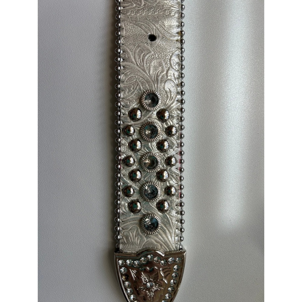 GUC Blazin Roxx Western Y2k Crystal Studded Embossed Silver Leather Belt - Picture 5 of 10